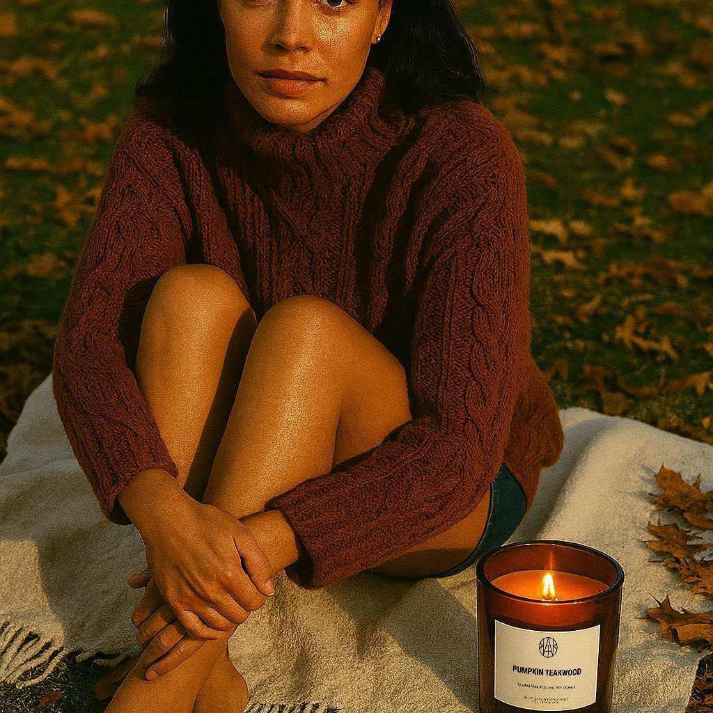 Woman sitting on blanket outdoors with non-toxic pumpkin teakwood candle beside her in autumn