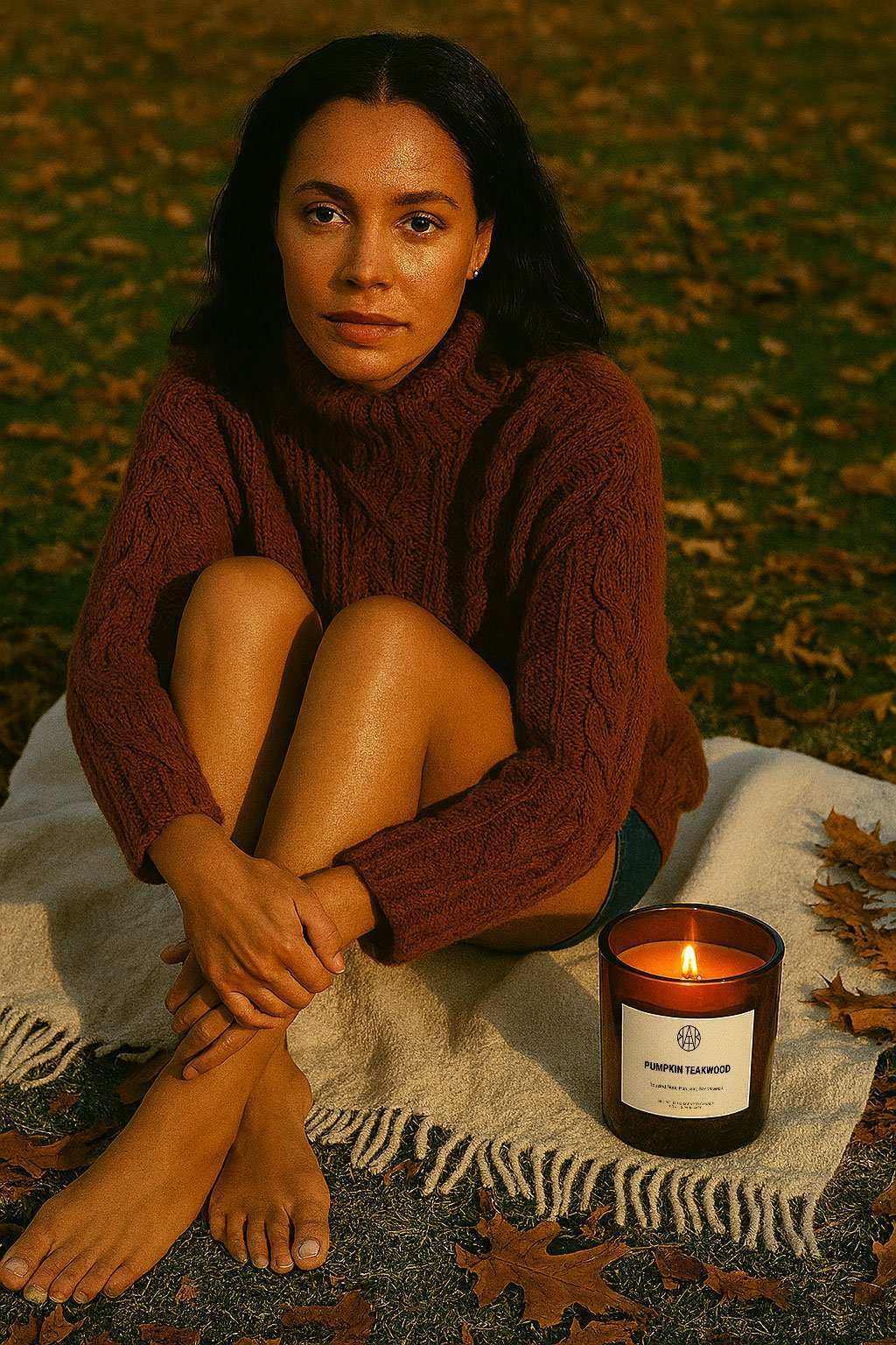 Woman sitting on blanket outdoors with non-toxic pumpkin teakwood candle beside her in autumn