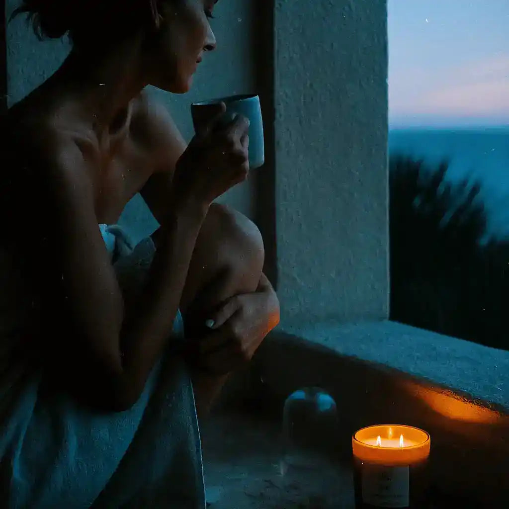 AEMBR citron candle with a sleek glass holder, emitting a warm glow and fresh citrus scent.