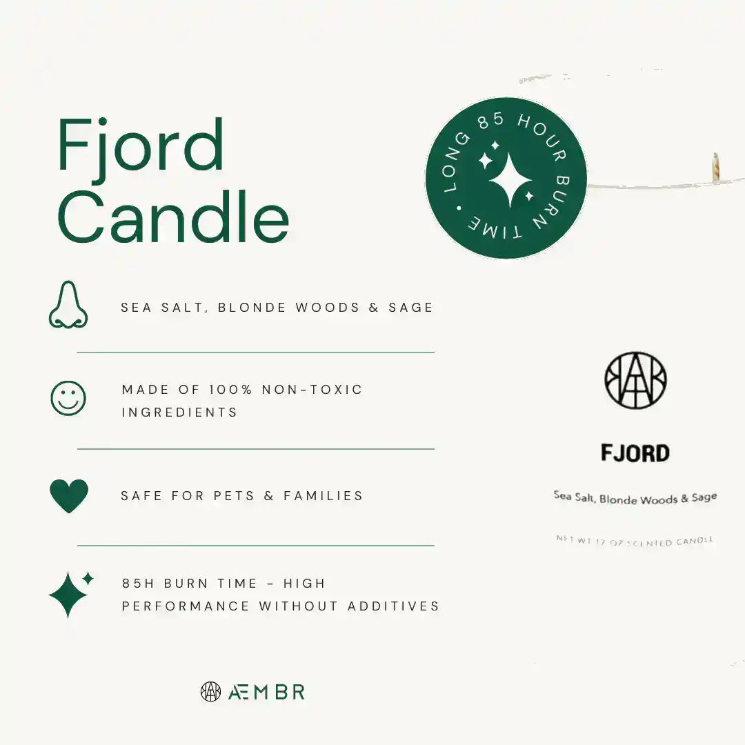 AEMBR Fjord Candle in a sleek glass holder, featuring a natural wax finish and minimalist design, ideal for cozy home decor.
