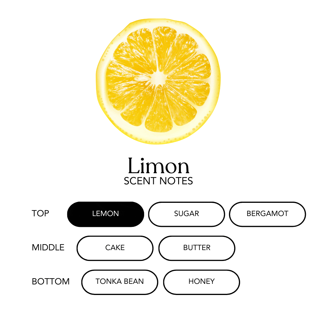 A fresh lemon-scented AEMBR Limon Candle with a white ceramic jar and a lit wick, emitting a warm glow.