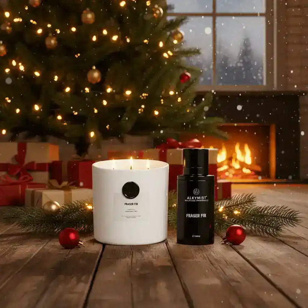 AEMBR ALKYMIST® Luxe Fraser Fir multi-use fragrance candle with a festive green and white label featuring Christmas tree imagery.