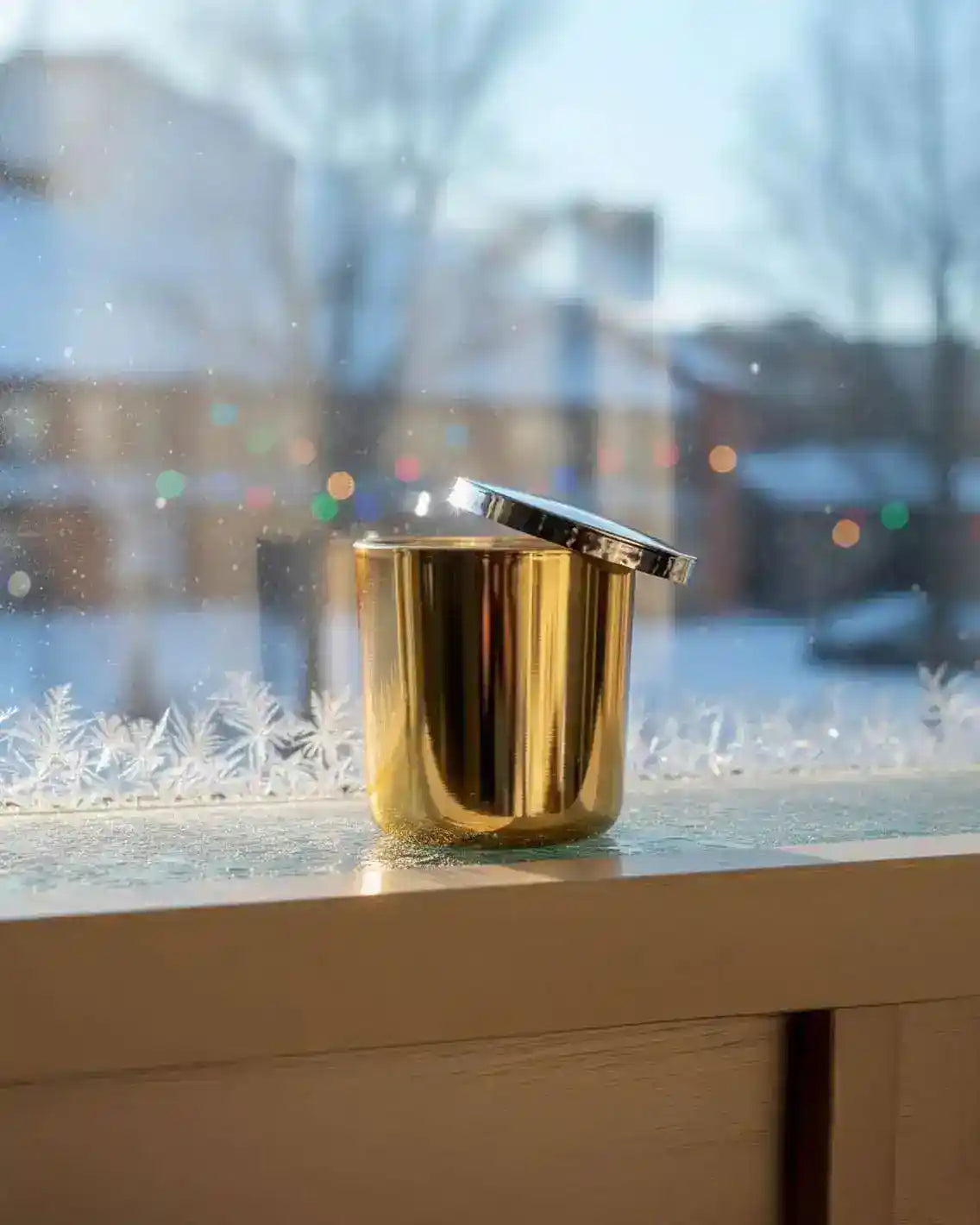 Gold non-toxic candle with lid on windowsill, frosty winter outdoor scene