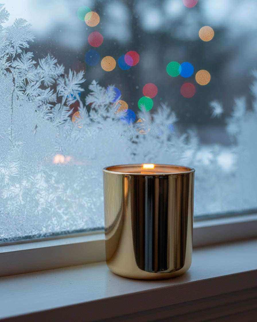 Non-toxic candle in gold container on winter windowsill with frosted glass and bokeh lights