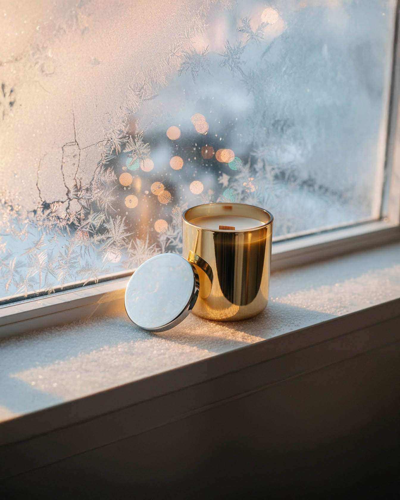 Non-toxic gold candle with wooden wick on frosty windowsill, winter home decor