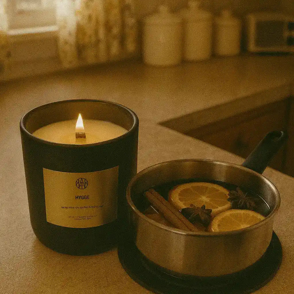 Non-toxic hygge candle burning beside a pot of mulled wine with cinnamon and orange slices