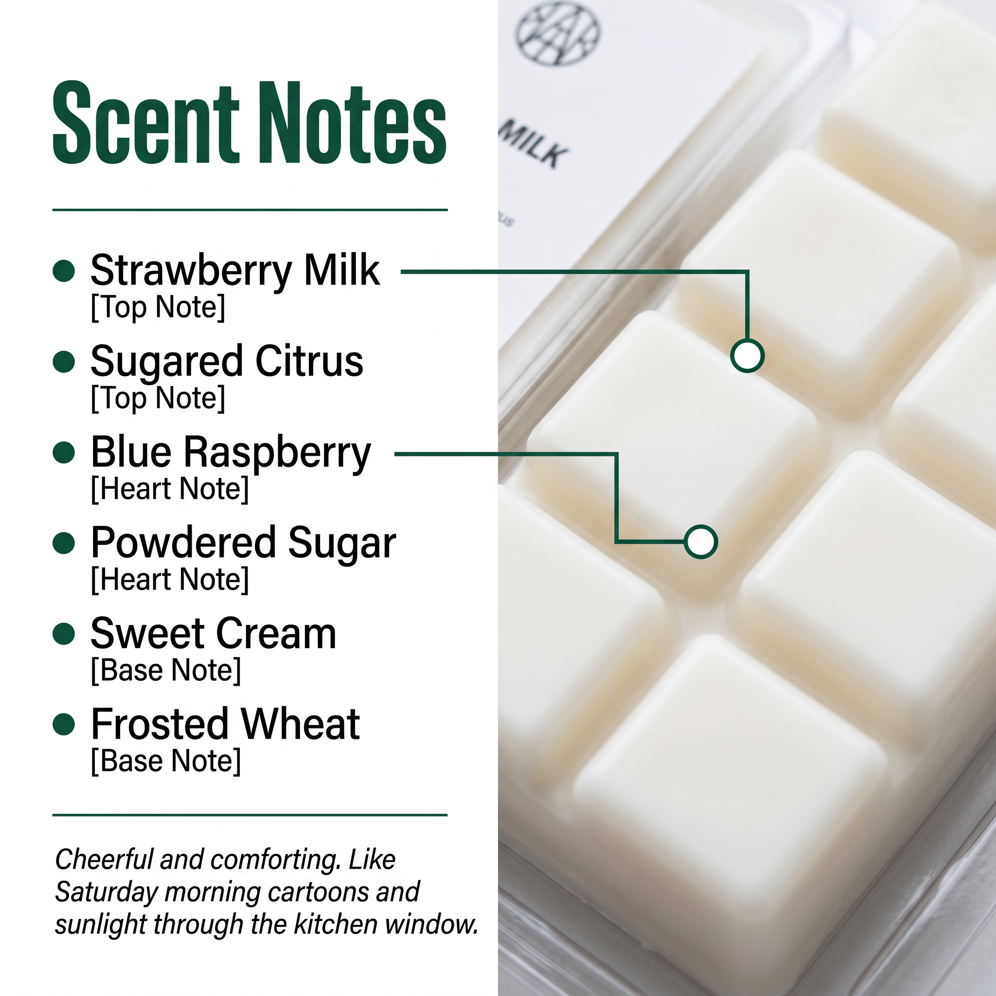 AEMBR Cereal Milk Wax Melt Scent Notes - Strawberry Milk, Sugared Citrus, Blue Raspberry, Powdered Sugar, Sweet Cream, Frosted Wheat - Coconut Apricot Wax