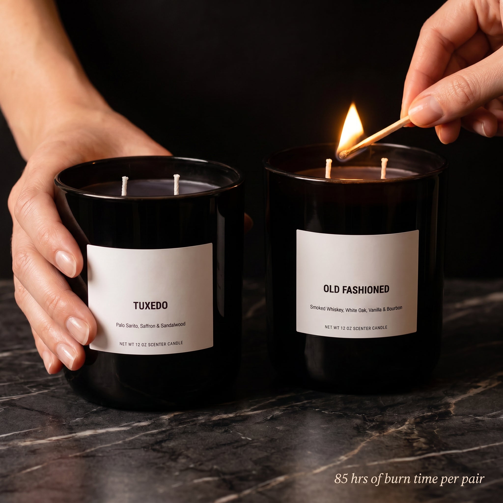 Father's Day Candle Set — In-Use Lifestyle — Lighting the Old Fashioned & Tuxedo candles on dark marble