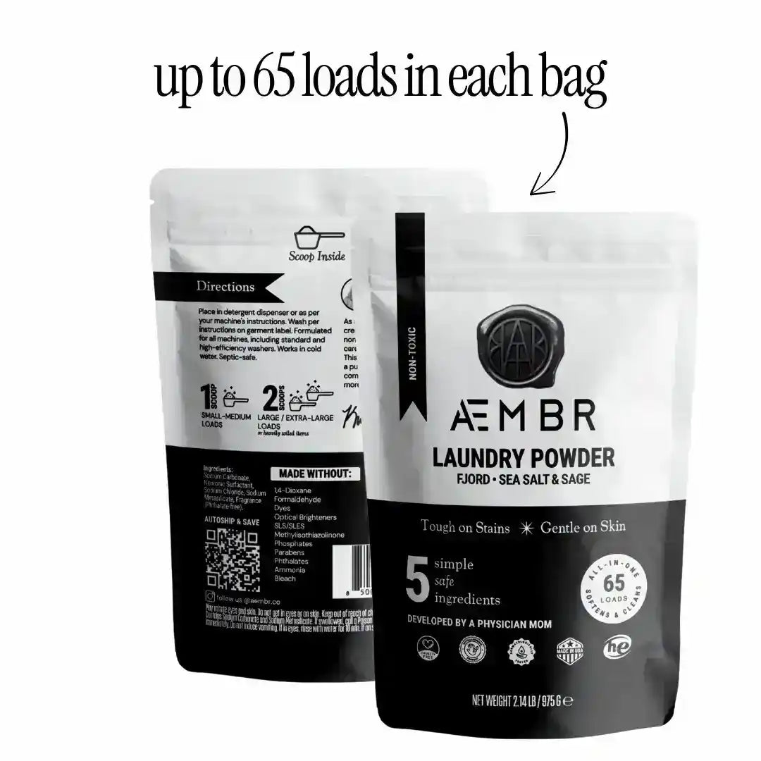AEMBR laundry detergent powder bundle with scent sampler pack, showing colorful boxes of laundry detergent for clean clothes.
