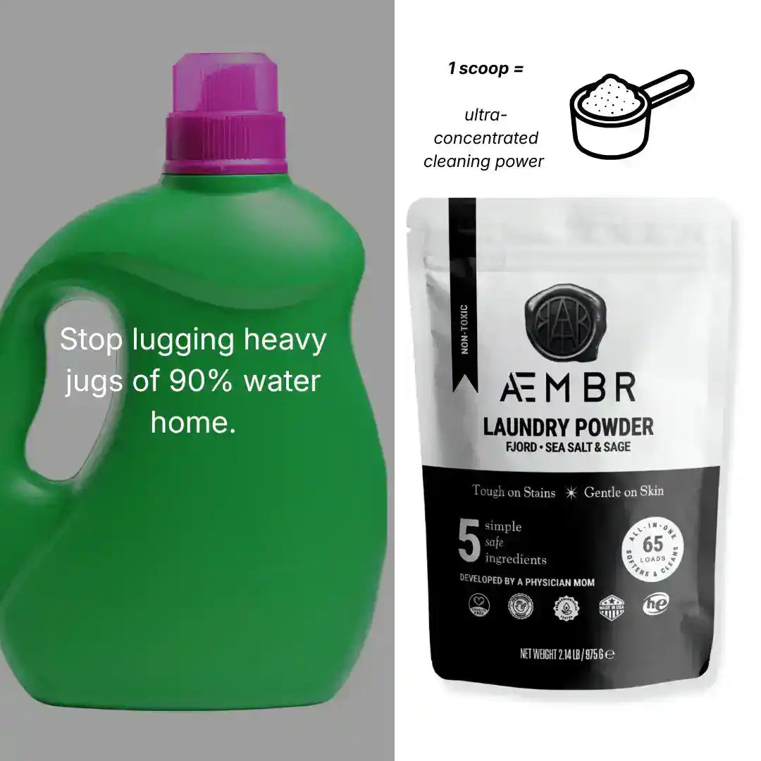 AEMBR laundry detergent powder bundle with scented sampler packs, showcasing the colorful packaging and product details.