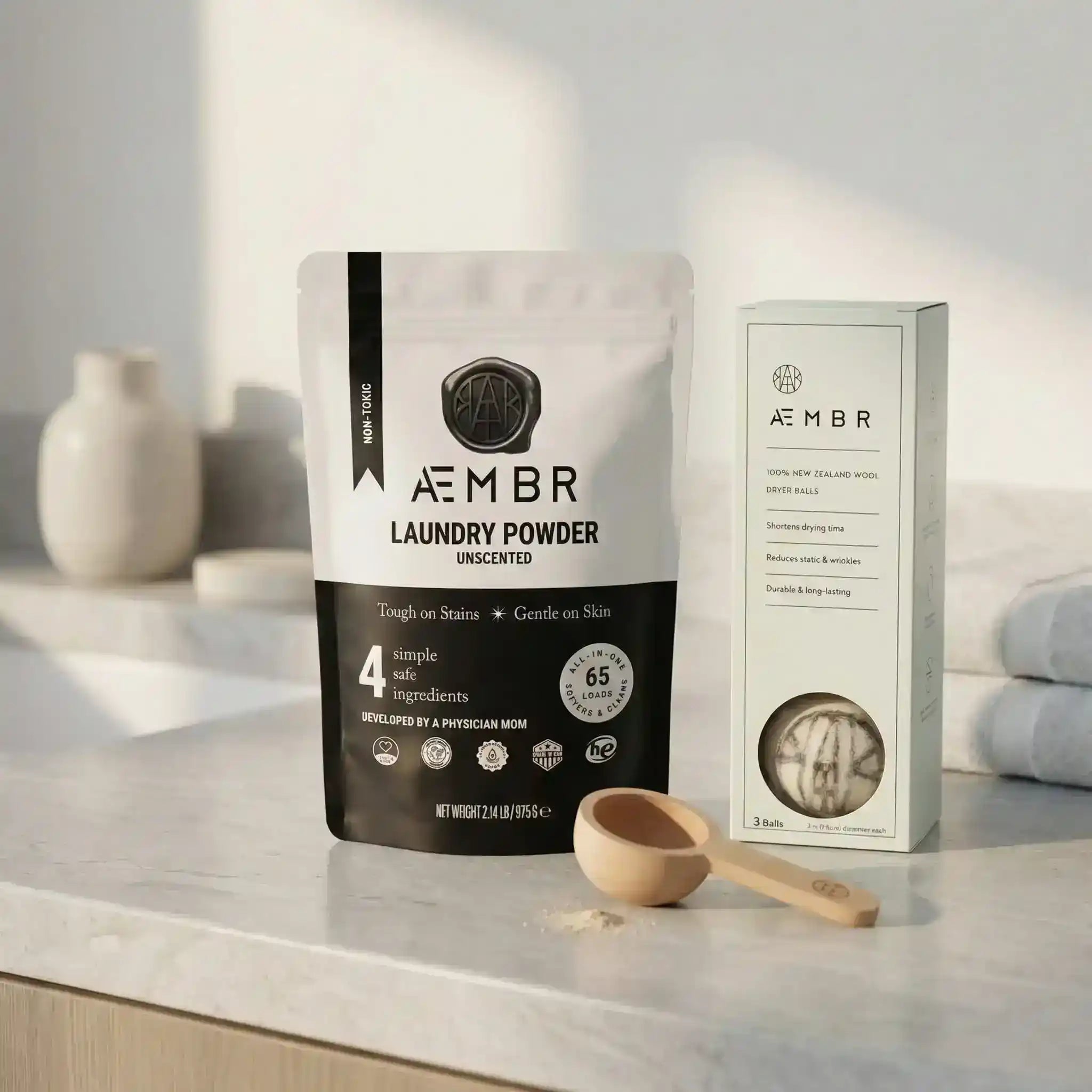 AEMBR non-toxic laundry routine kit with eco-friendly laundry products in a bundle for a safe, personalized laundry routine.