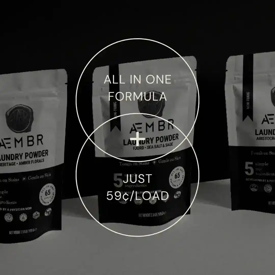 AEMBR luxury laundry gift set with Fjord Sea Salt, Sage Blonde Woods scents, including detergent, fabric softener, and accessories.