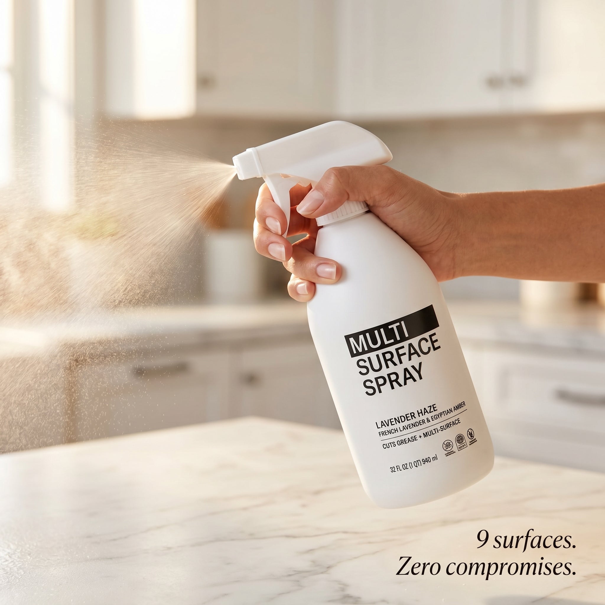 AEMBR Multi Surface Spray 6-Pack in-use lifestyle - hand spraying on marble countertop - 9 surfaces zero compromises