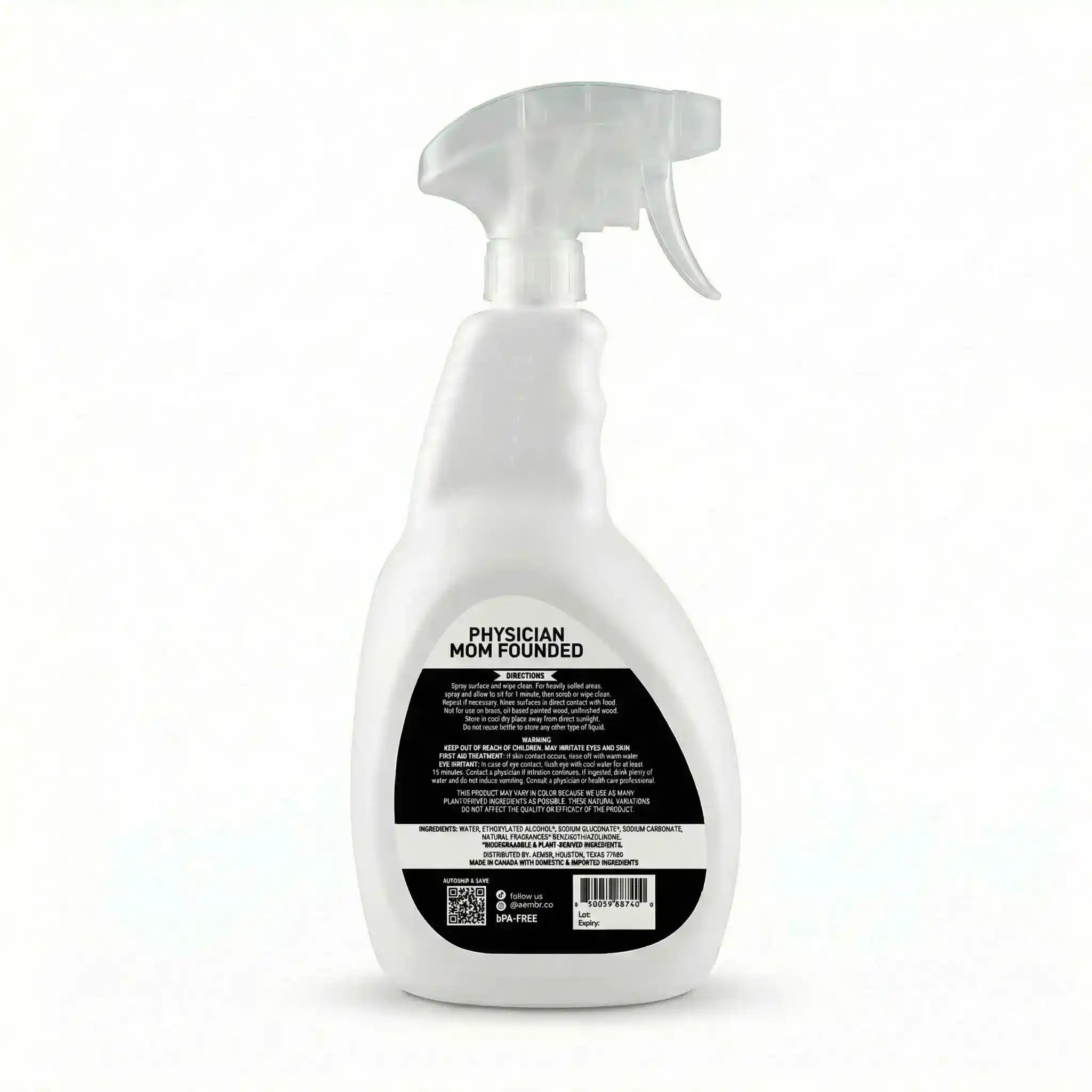Non-toxic multi-surface spray cleaner bottle with trigger, black label, white background