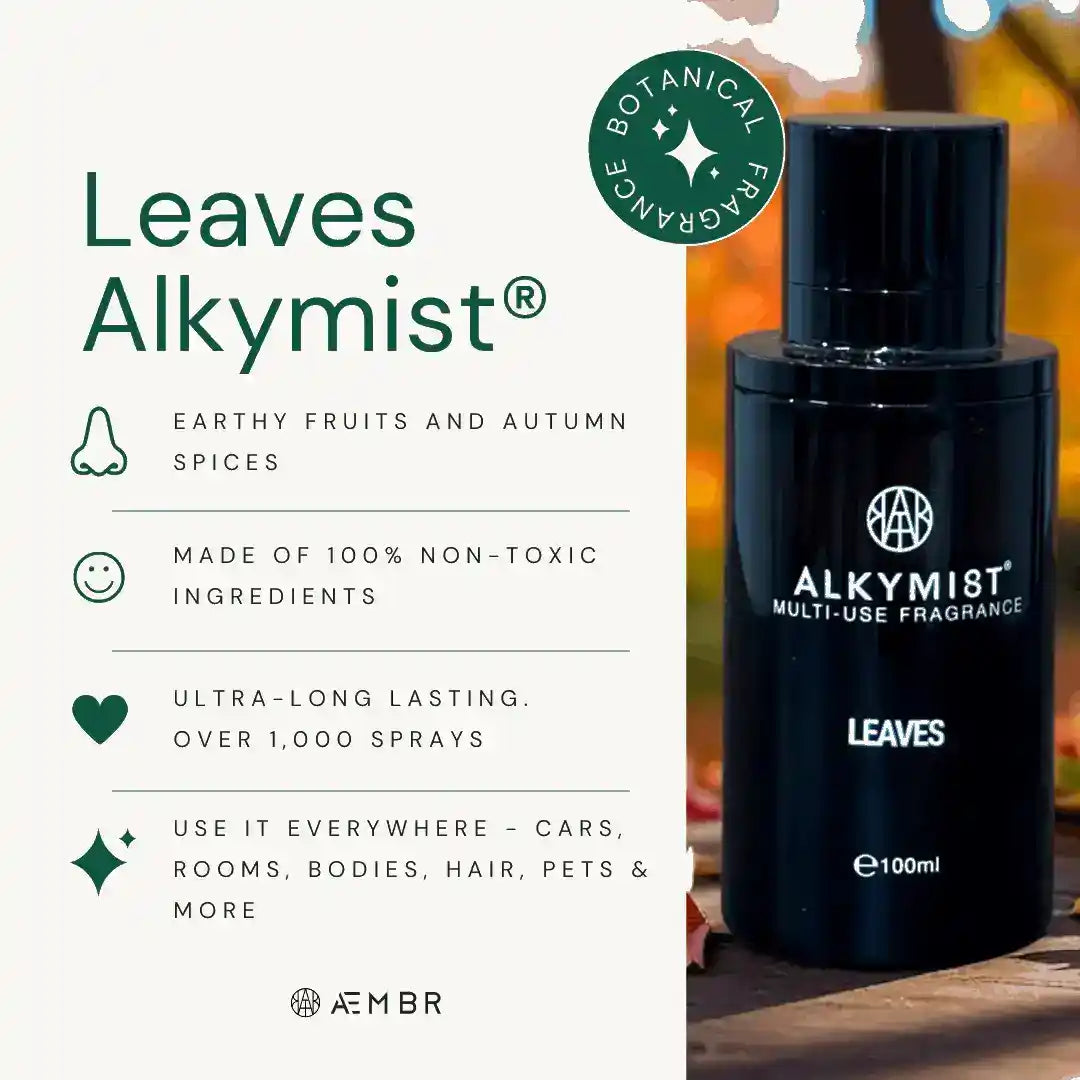 AEMBR ALKYMIST® Luxe Leaves multi-use fragrance bottle with elegant labeling and a sleek design.
