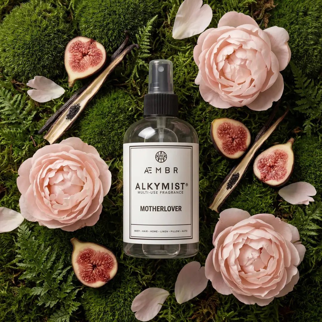Alkymist® Motherlover room spray by AEMBR, a multi-use fragrance bottle with a sleek design and elegant label.