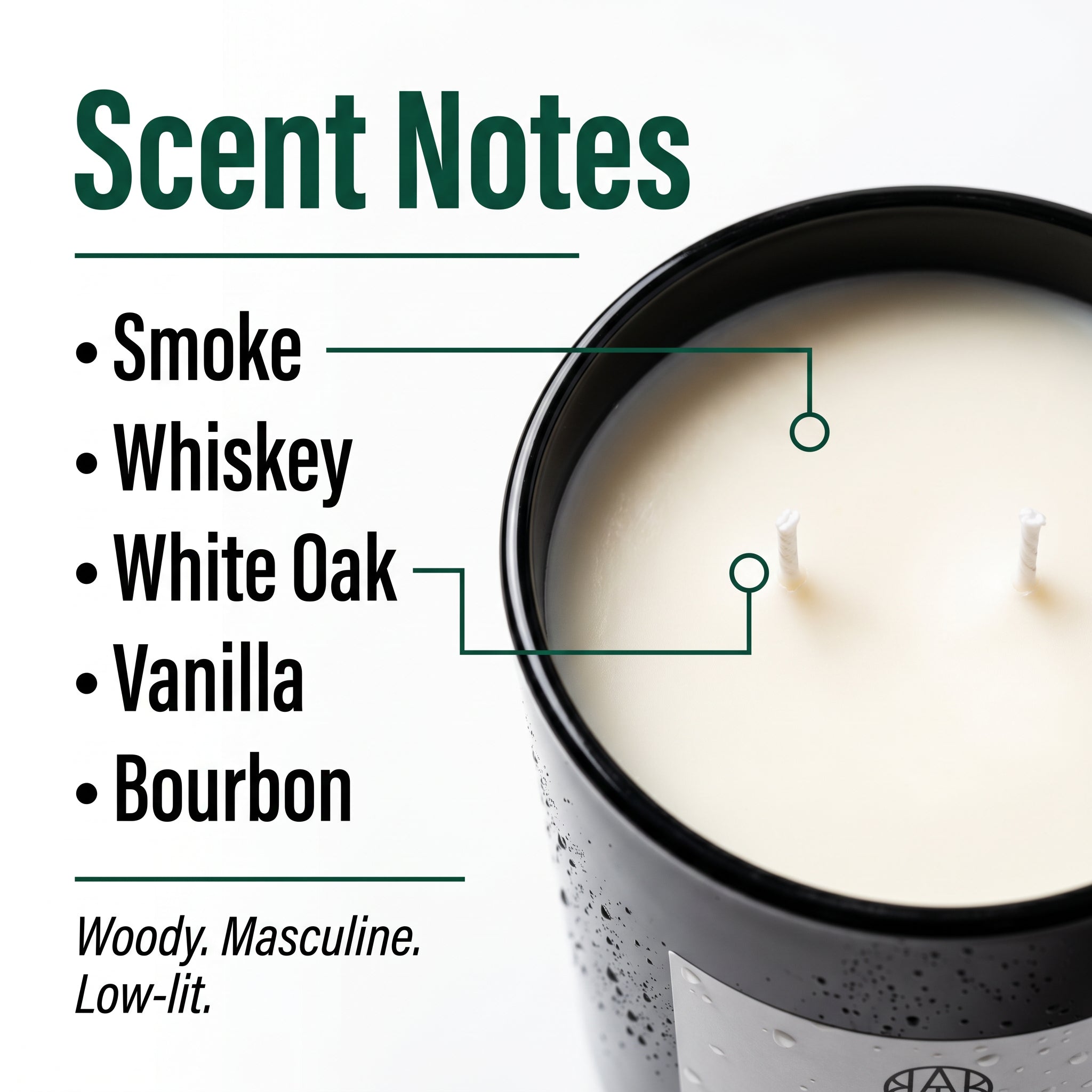 Old Fashioned Candle — Scent Notes — Macro close-up wax surface and dual cotton wicks — Smoke Whiskey White Oak Vanilla Bourbon