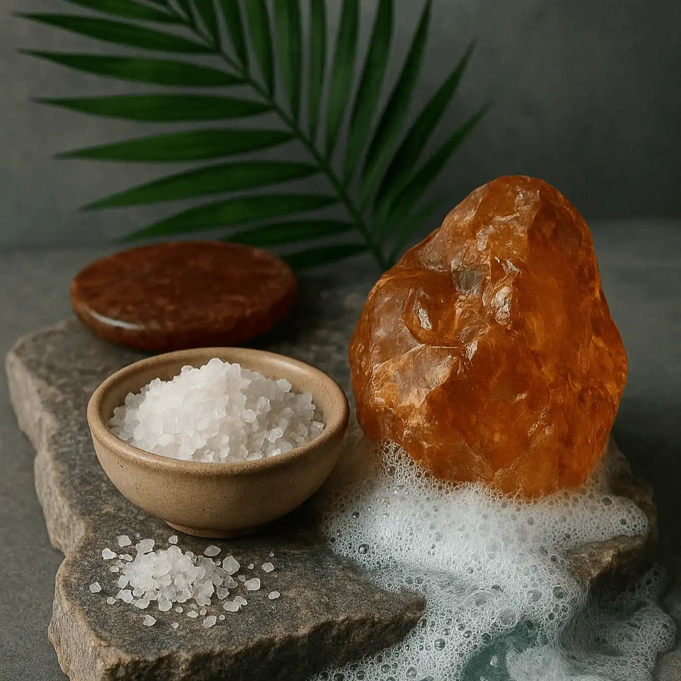 AEMBR non-toxic bath salts and amber stone on stone slab with foam, natural spa setting