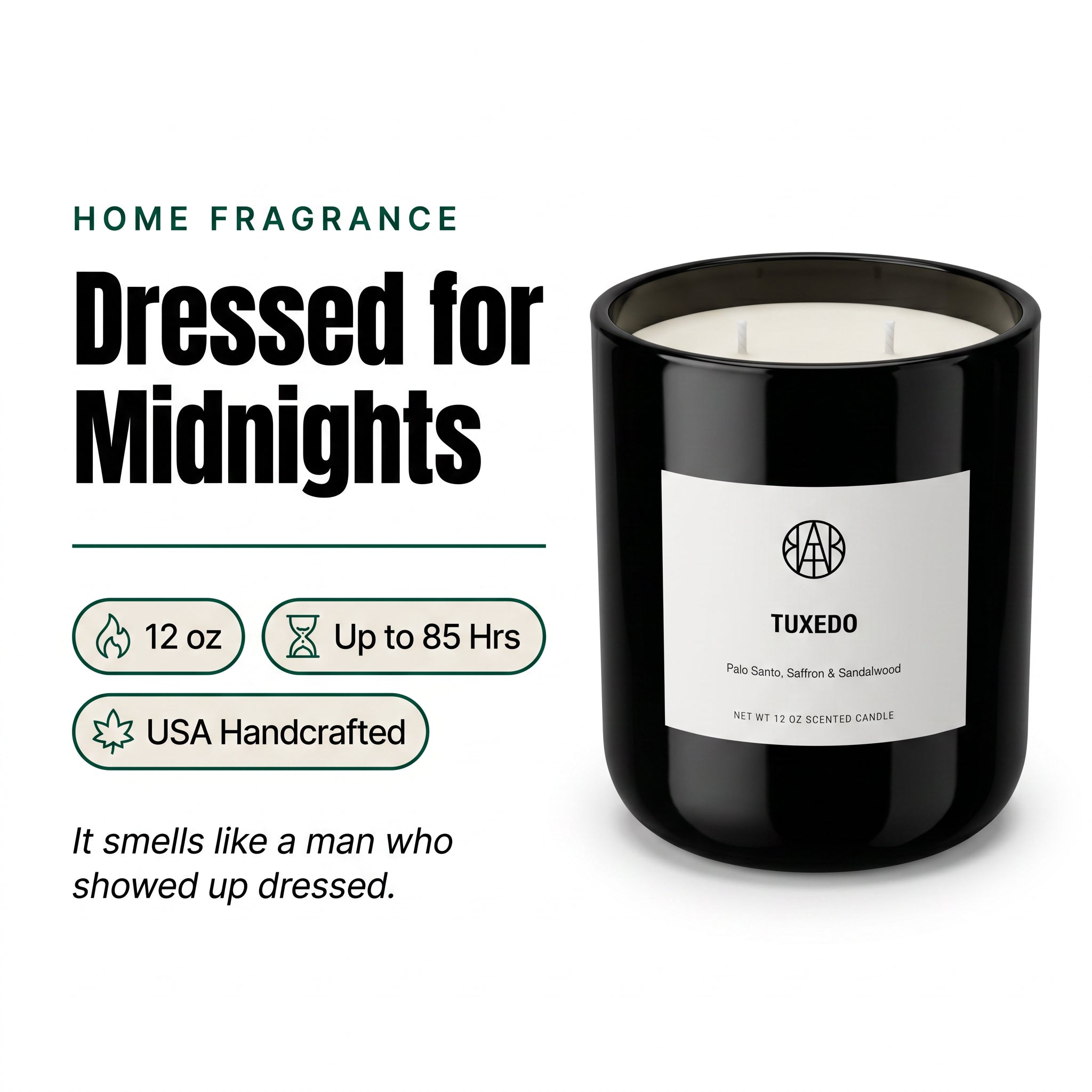Tuxedo Candle — Hero Overview — Dressed for Midnights — 12 oz Up to 85 Hrs USA Handcrafted