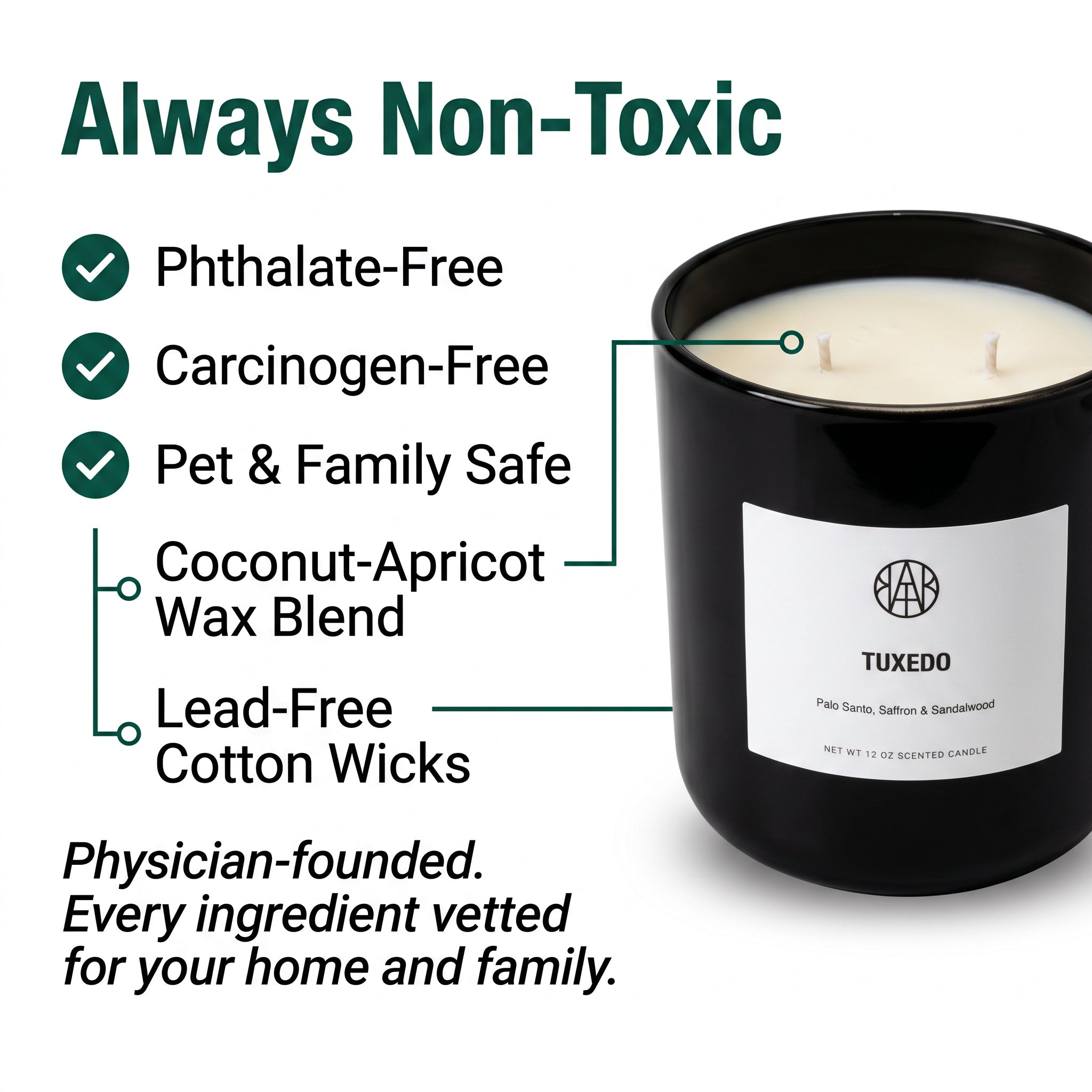 Tuxedo Candle — Always Non-Toxic — Phthalate-Free Carcinogen-Free Coconut-Apricot Wax Lead-Free Cotton Wick