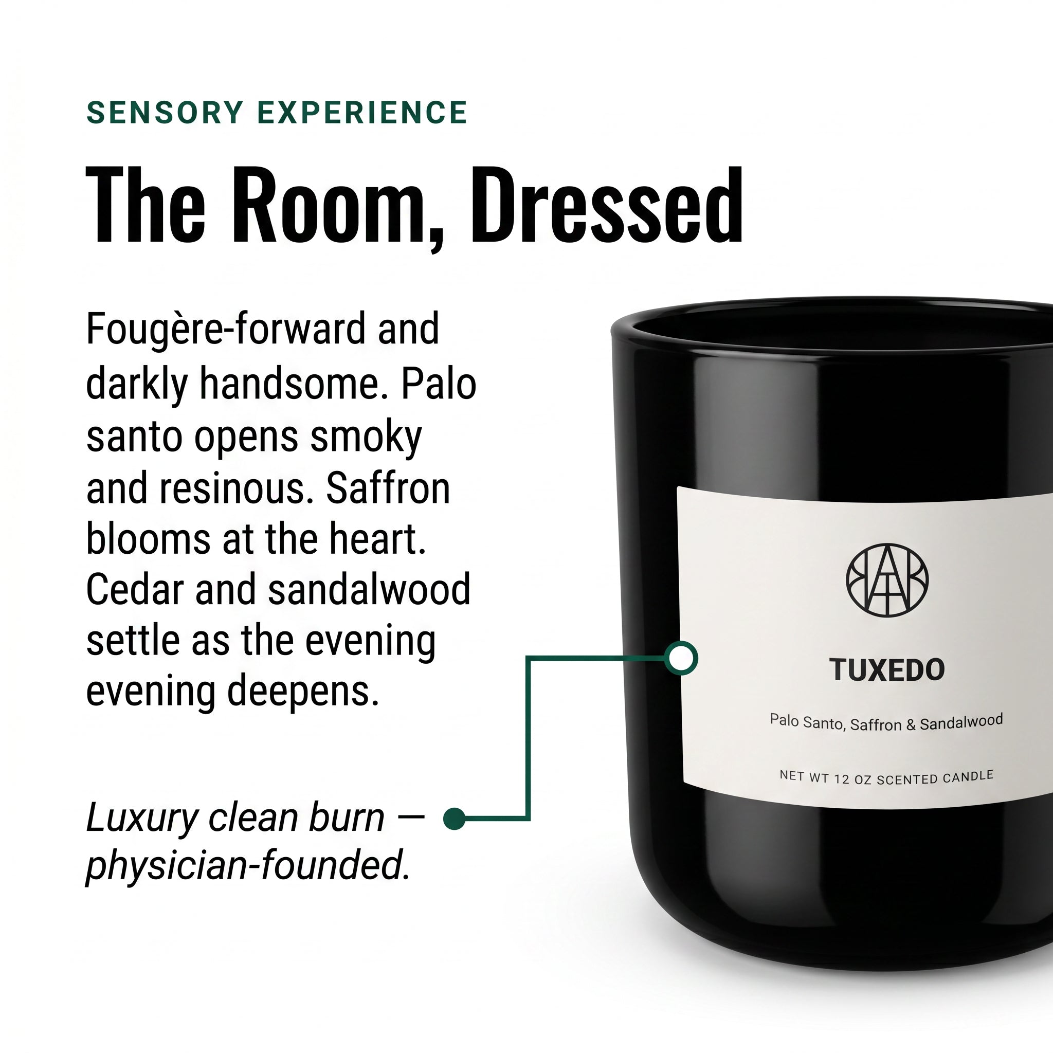 Tuxedo Candle — The Room Dressed — Editorial 3/4 Story — Fougère Cologne Luxury Clean Burn