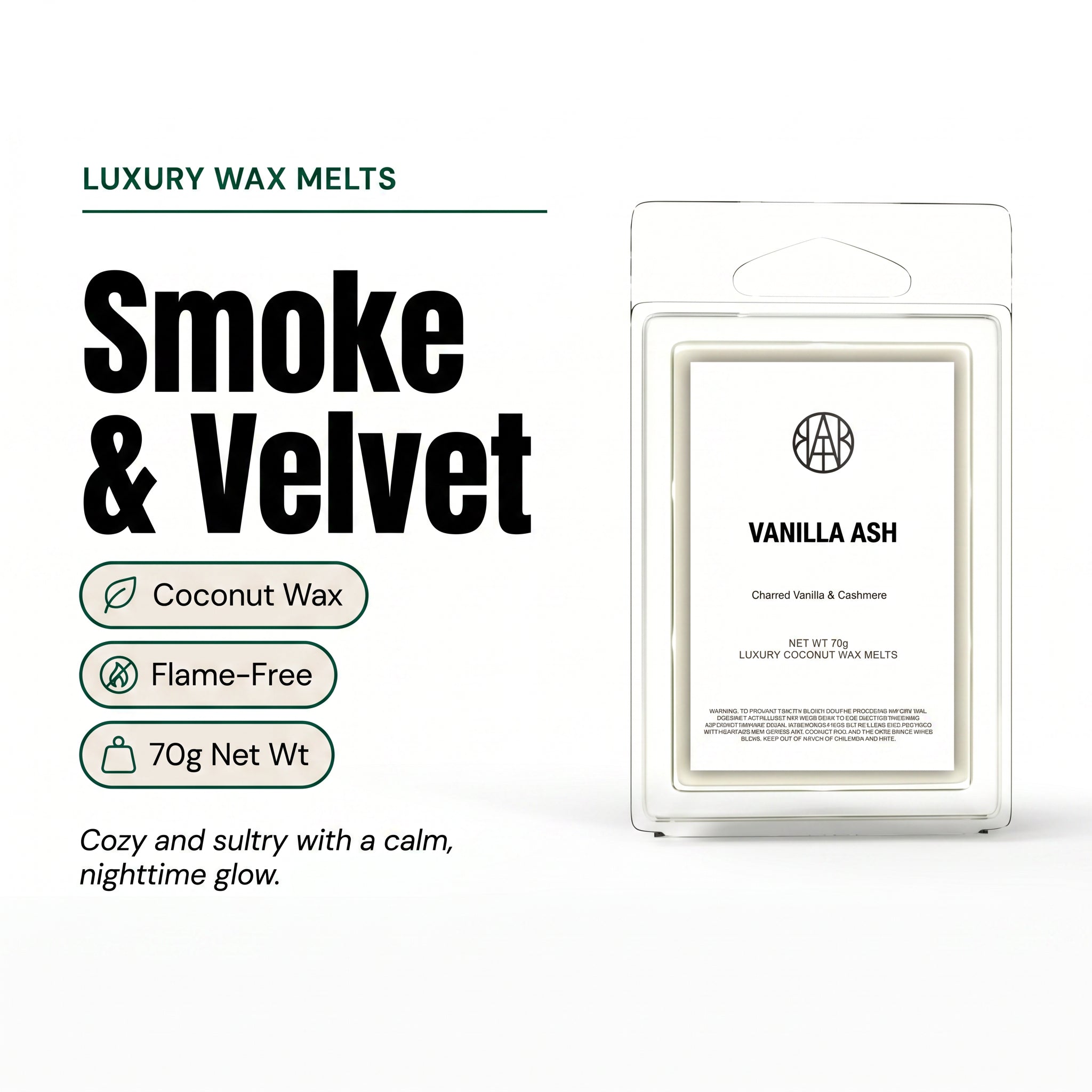 VANILLA ASH Luxury Wax Melts hero overview — Smoke & Velvet, coconut wax, flame-free, 70g