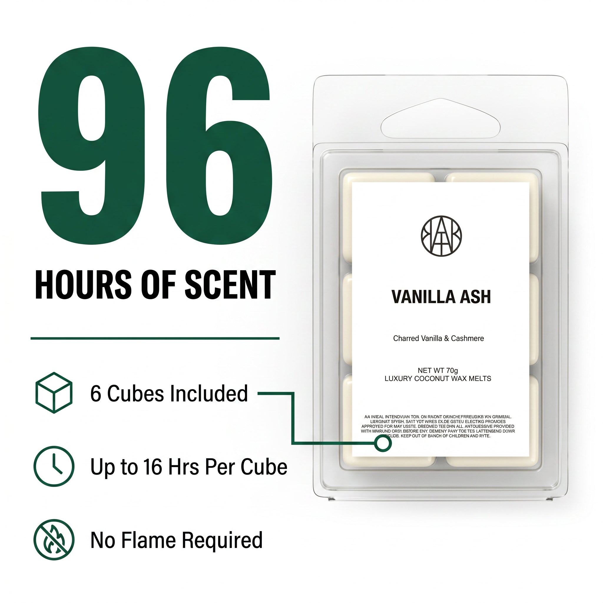 VANILLA ASH Wax Melt 96 hours of scent — 6 cubes included, up to 16 hrs per cube, no flame required