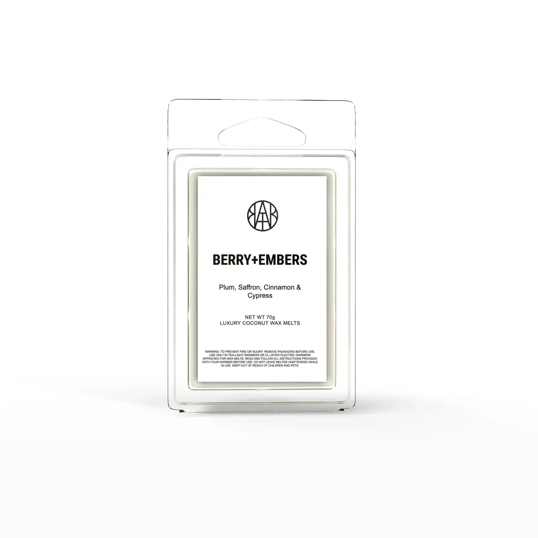 AEMBR Berry + Embers wax melt, scented wax melts in a clear container with a vibrant berry and ember design.