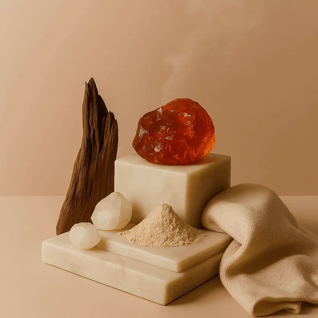 AEMBR amber oud stone, driftwood, and natural powder on marble blocks with a beige cloth