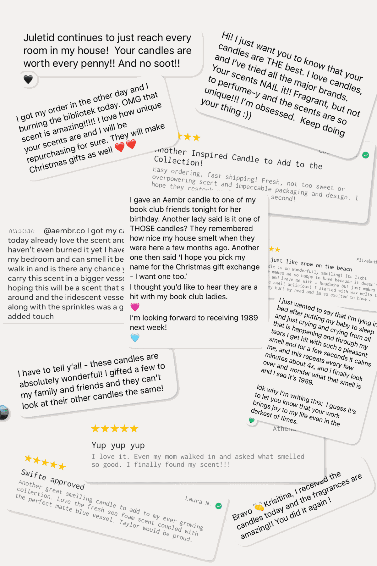 AEMBR customer reviews collage featuring positive feedback about non-toxic candles and unique fragrances.
