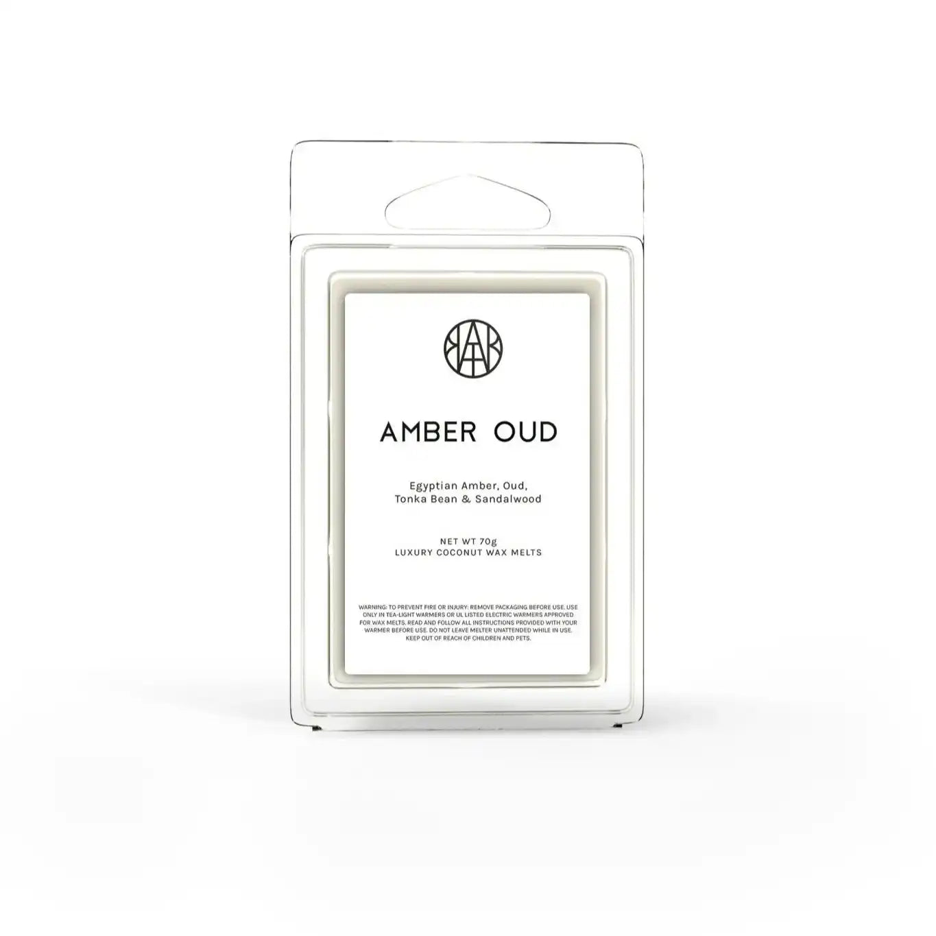 AEMBR Amber Oud luxury coconut wax melts in clear packaging, white label, minimalist design