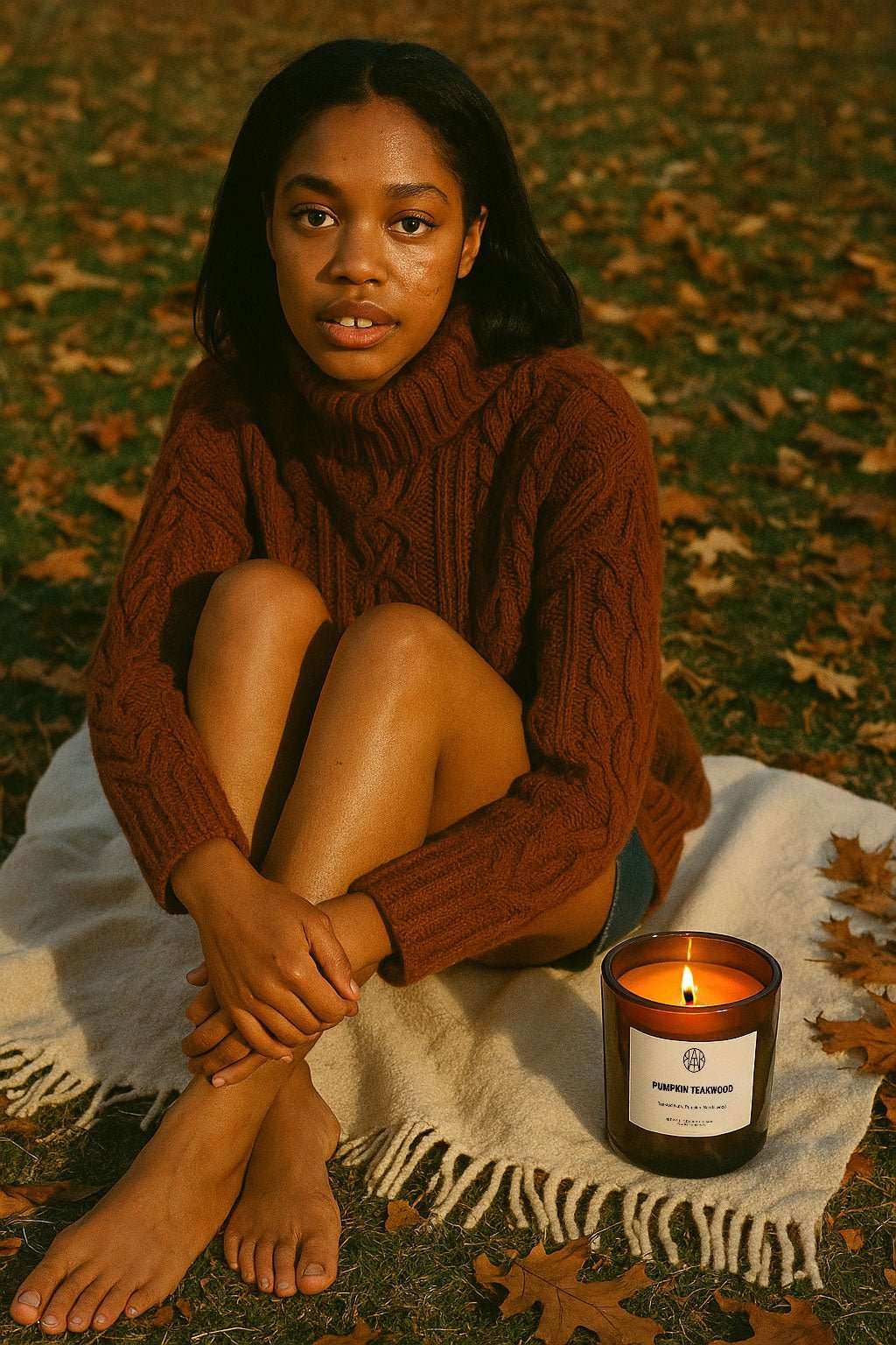 Woman on autumn blanket with AEMBR Pumpkin Teakwood candle outdoors among fall leaves