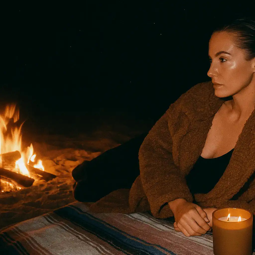 AEMBR citron salt candle lit at night by a woman on a beach near a bonfire