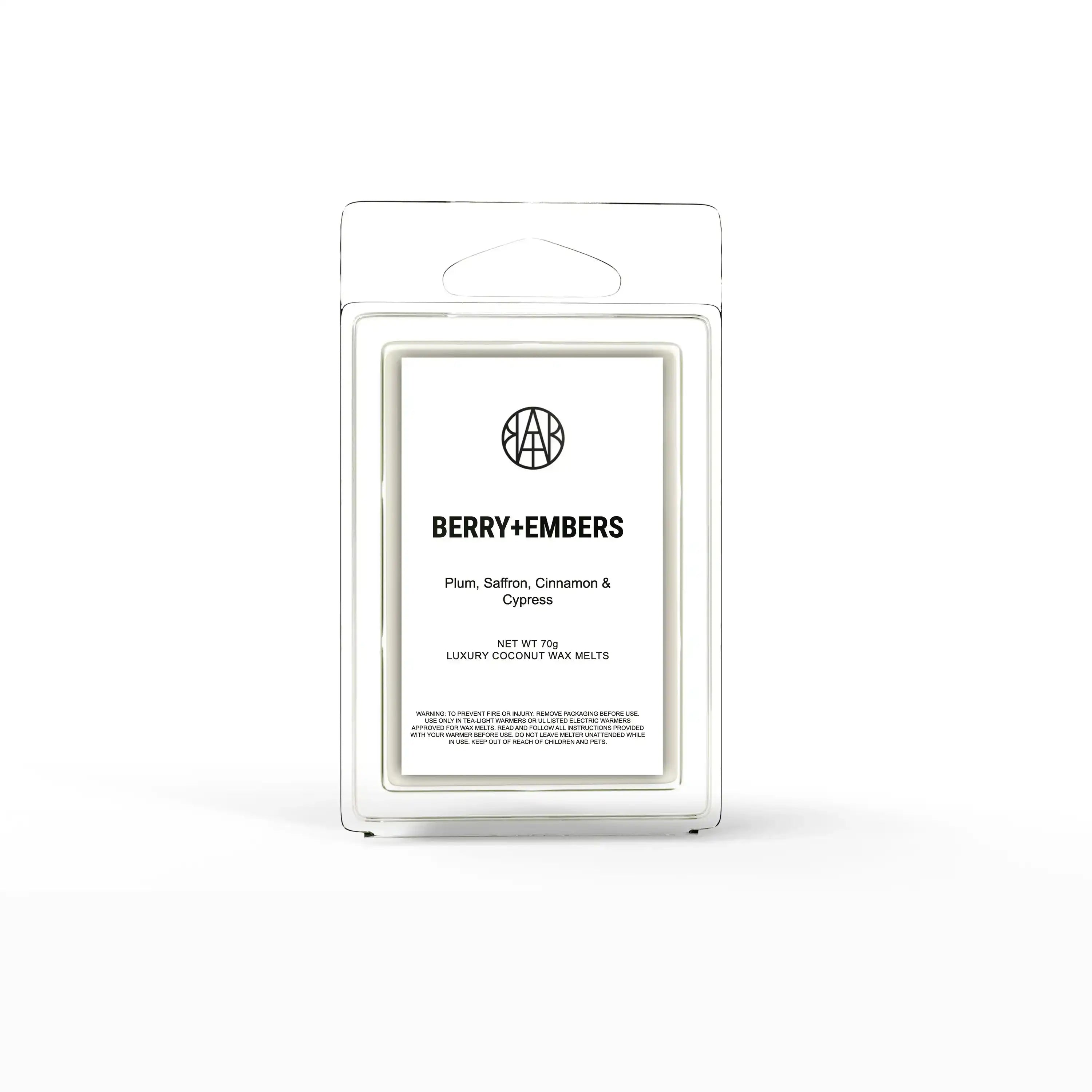 AEMBR Berry+Embers coconut wax melts in clear packaging, labeled plum, saffron, cinnamon, cypress
