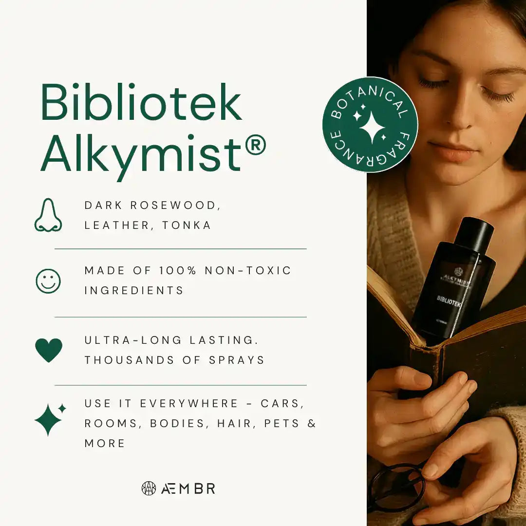 Non-toxic botanical room spray bottle with Bibliotek Alkymist fragrance, woman reading a book.