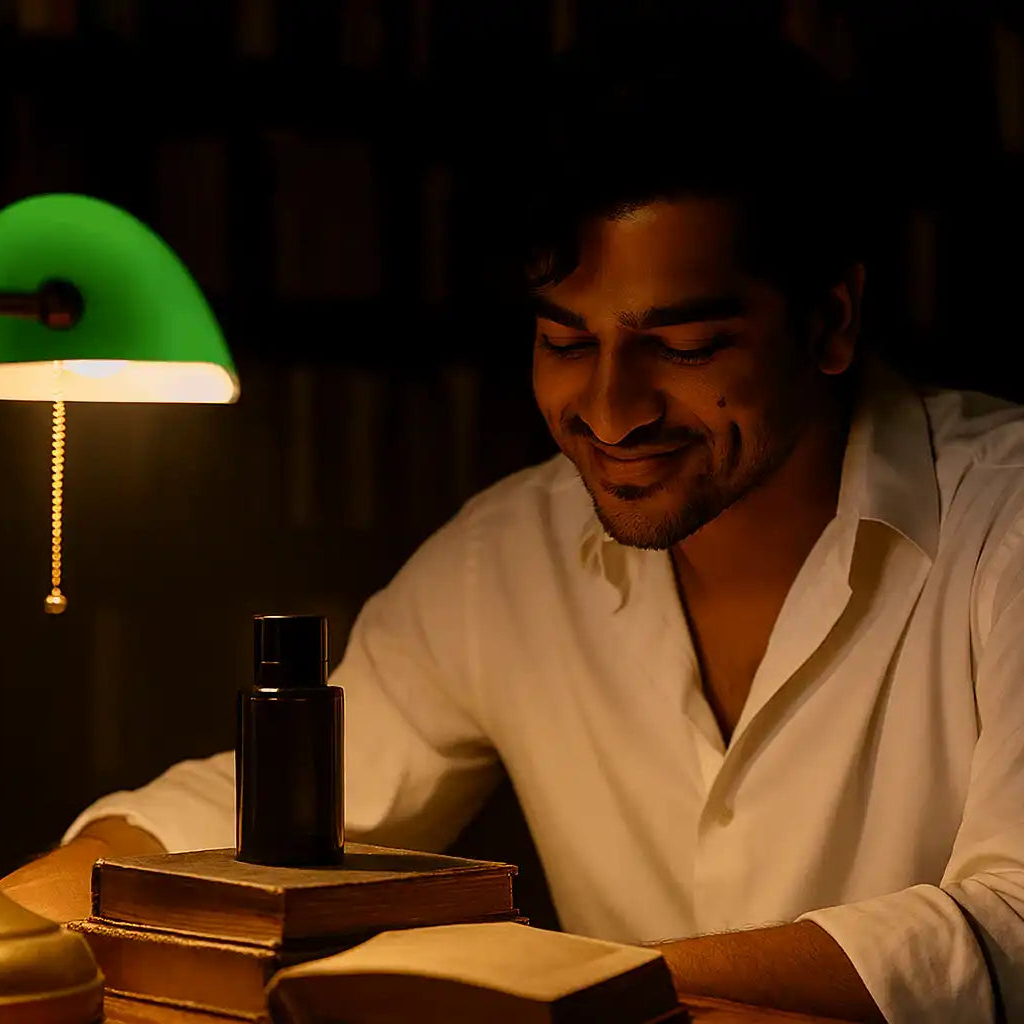 Man in white shirt reading in cozy library, AEMBR candle on books, green desk lamp