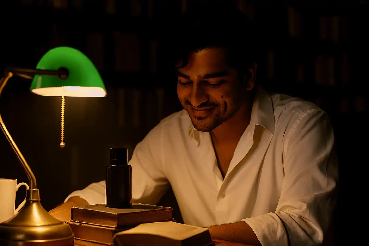Man reading by green desk lamp with AEMBR product and books in cozy library setting