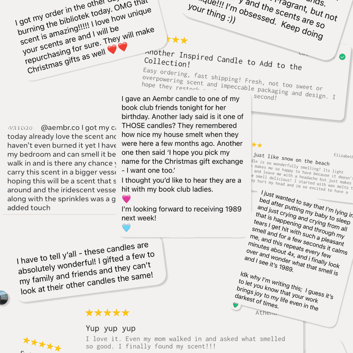 AEMBR customer reviews collage showcasing positive feedback on non-toxic candles and fragrances.
