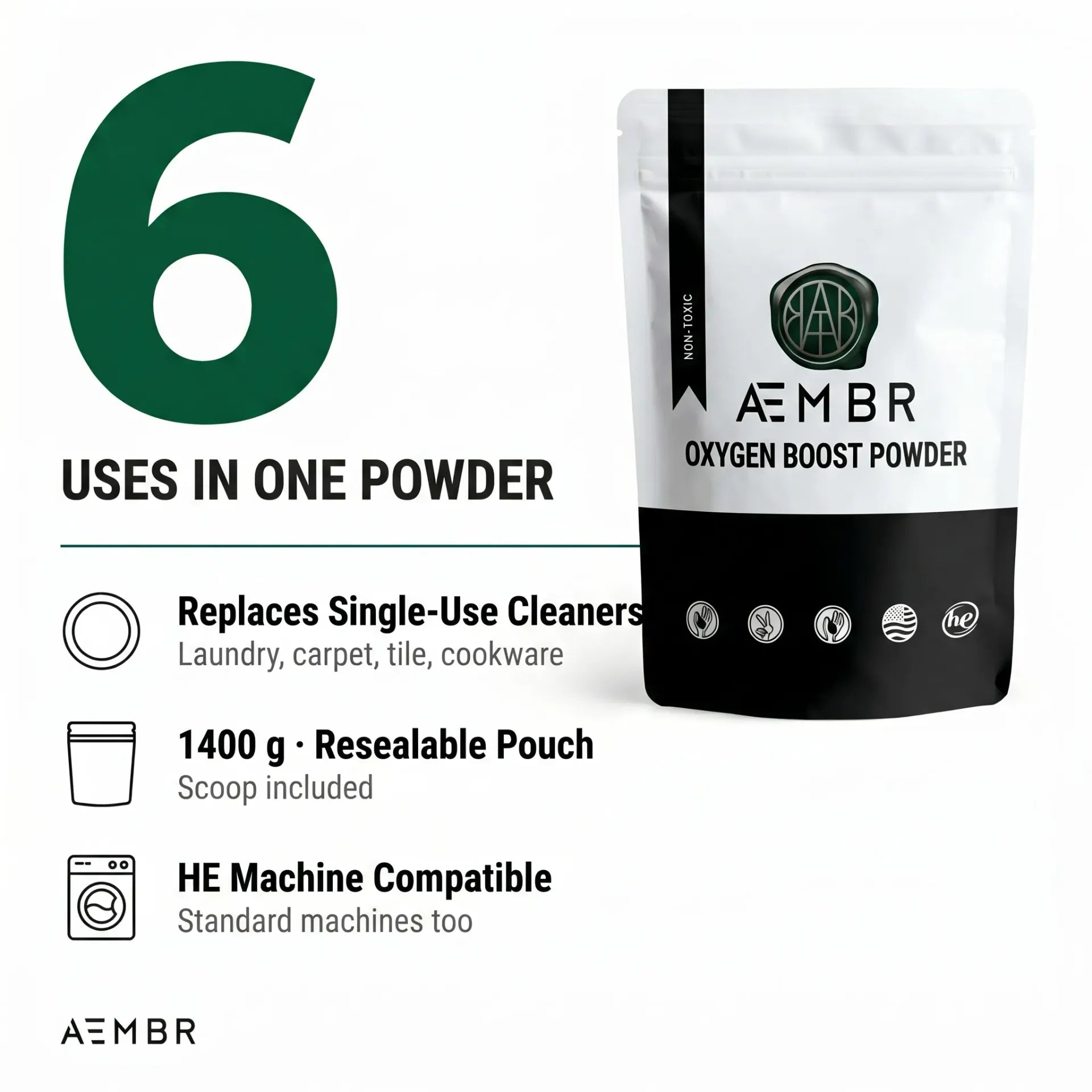 AEMBR Oxygen Boost — 6 uses in one non-toxic powder, replaces single-use cleaners, 1400g resealable pouch, HE and standard machine compatible