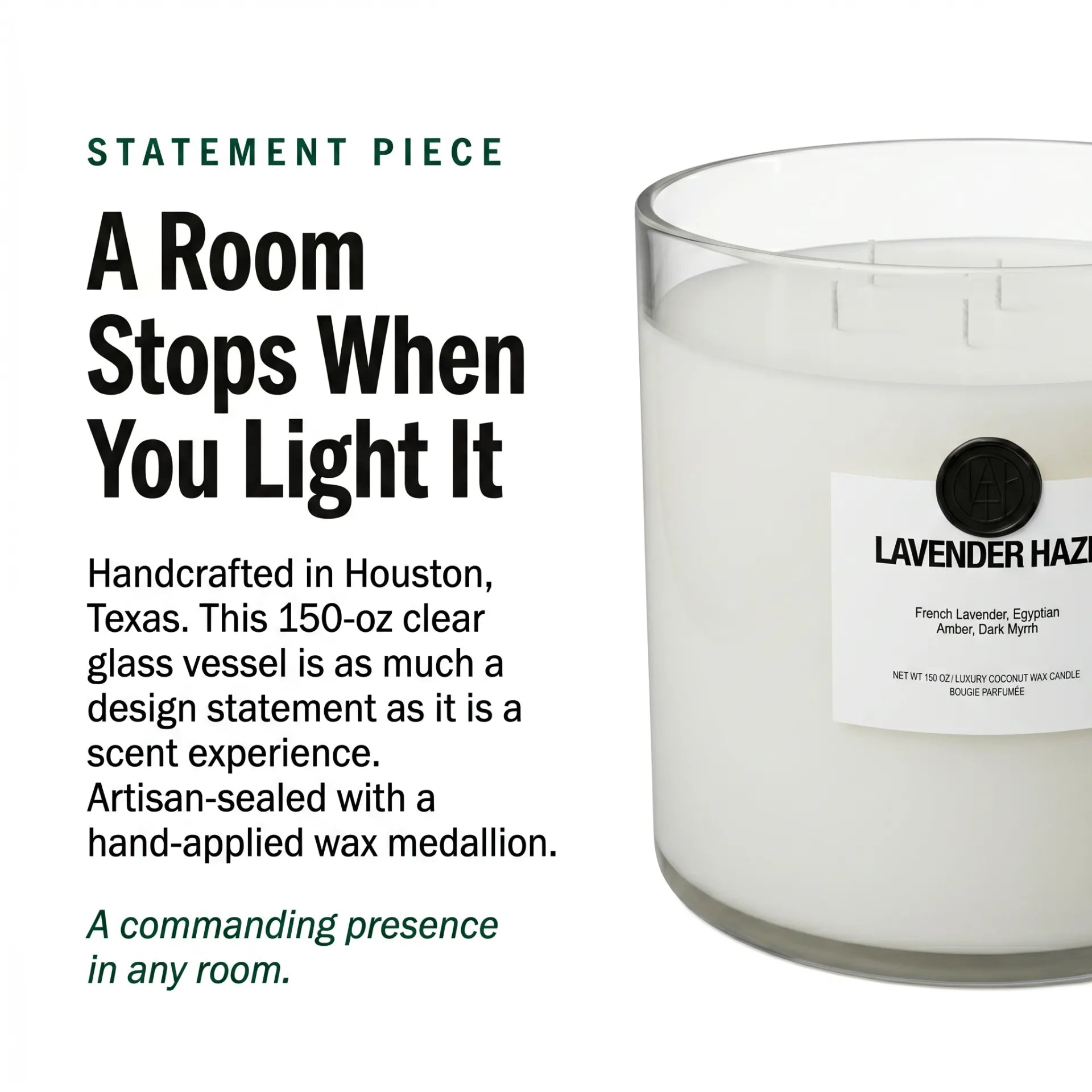 AEMBR The Valkyrie Lavender Haze candle with a sleek glass jar and lavender-colored wax, emitting a calming glow.
