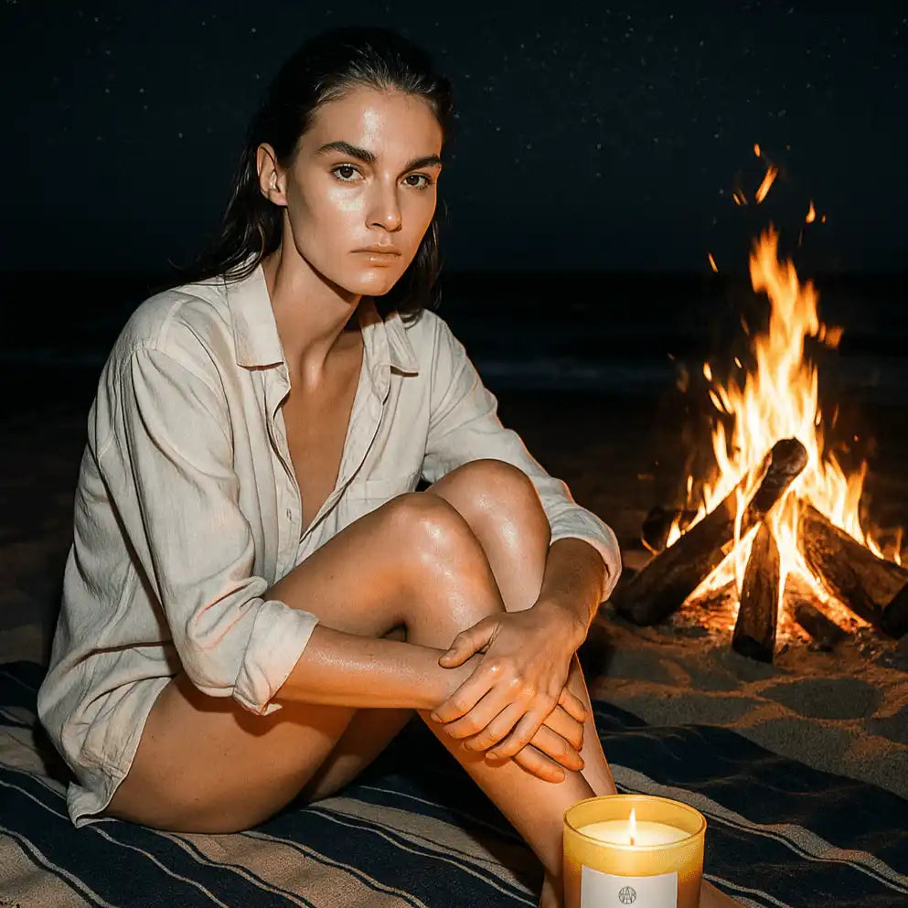 Woman at night beach bonfire with AEMBR citron candle, sitting on blanket under stars