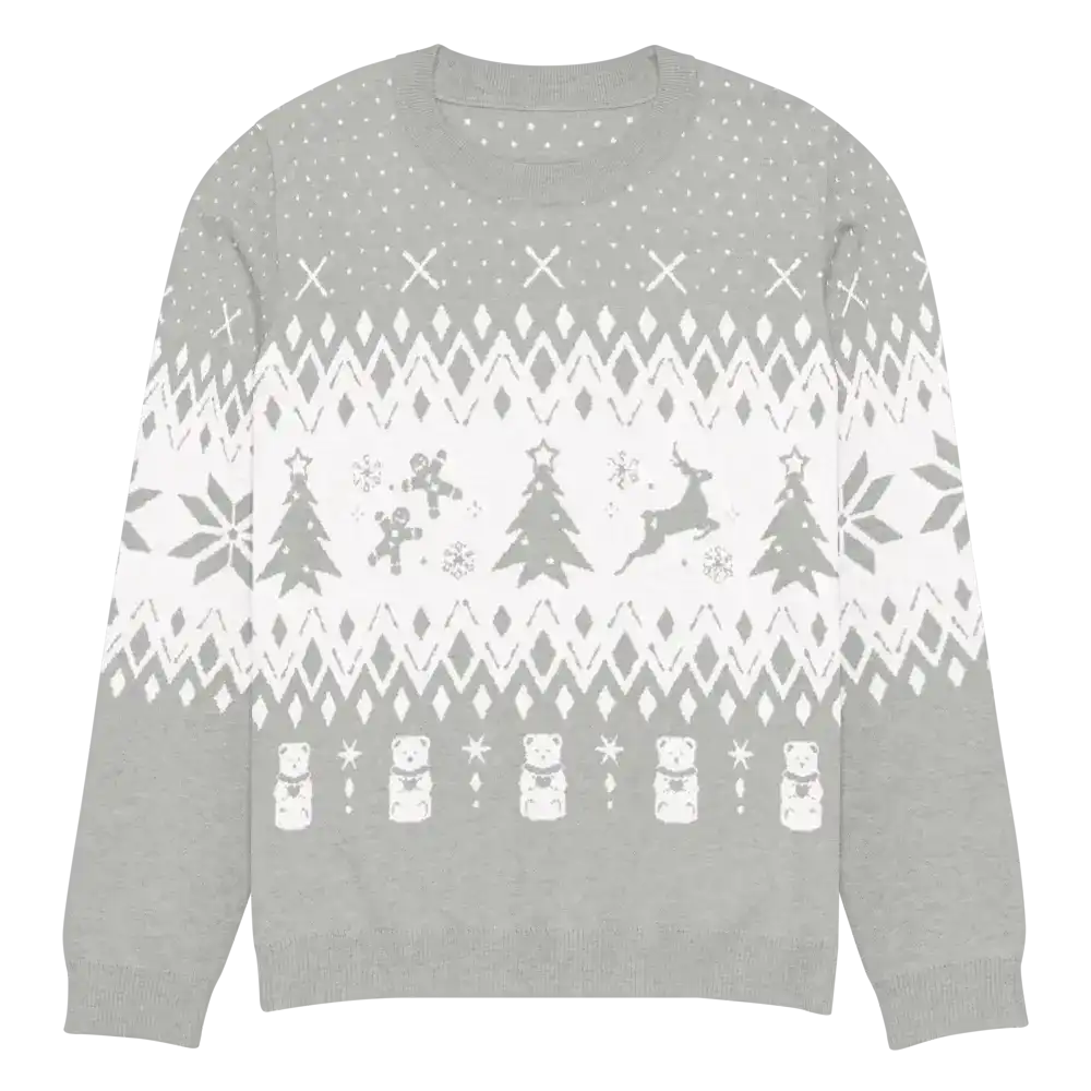 AEMBR classic fit grey knitted crew neck sweater with festive tree, reindeer, and bear pattern