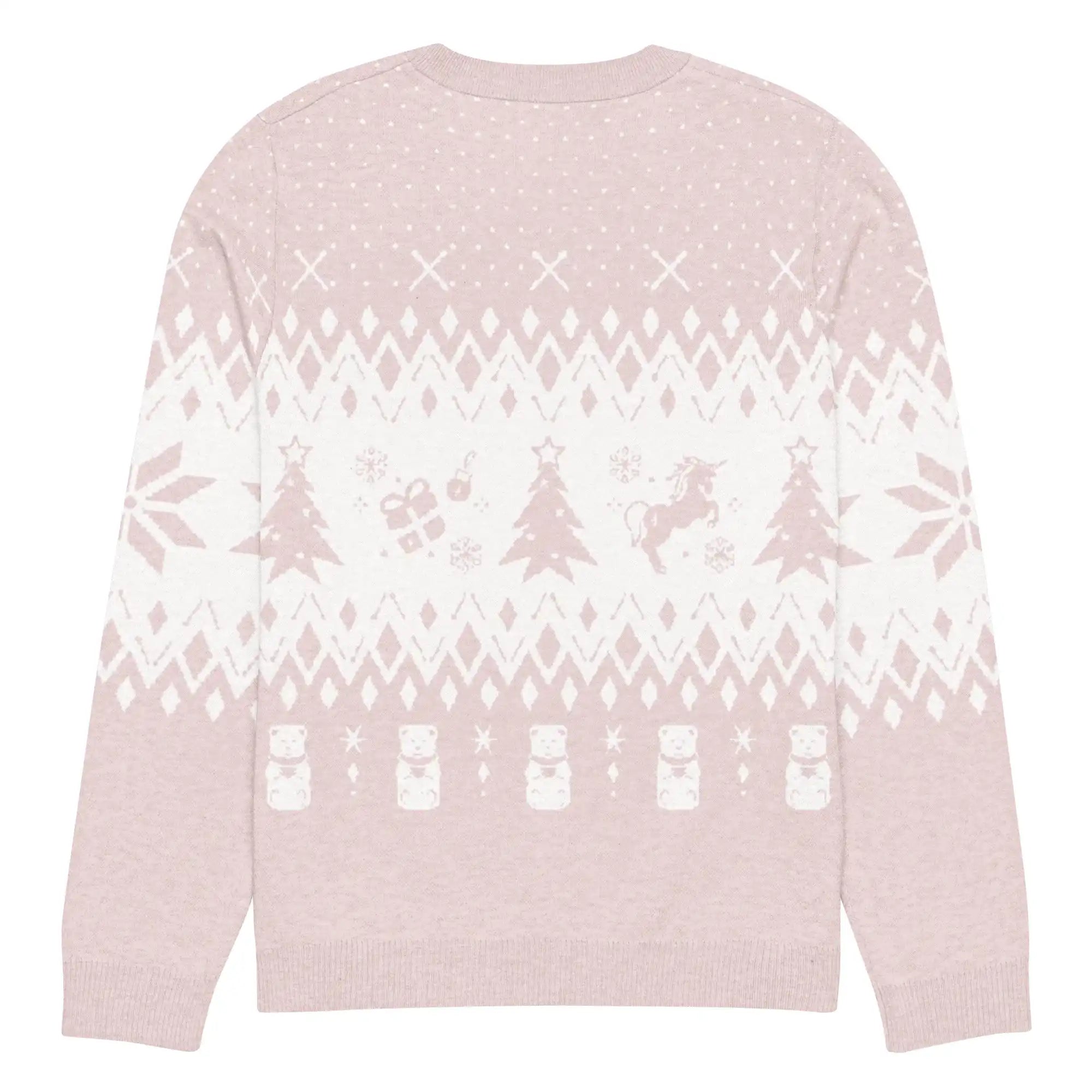 AEMBR classic-fit pink and white knitted crew neck sweater with holiday-themed pattern, back view