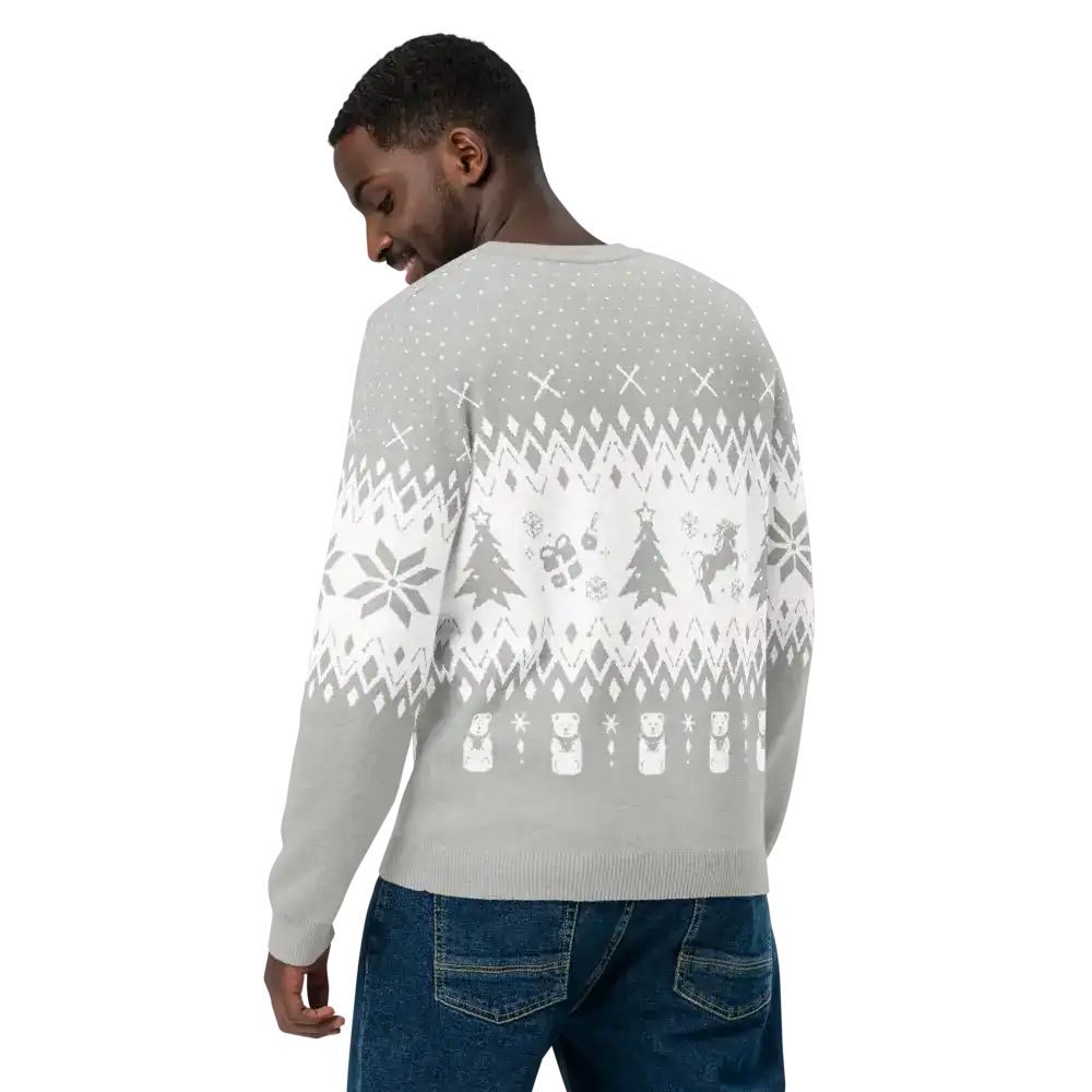 AEMBR classic-fit knitted crew neck sweater with white winter pattern, shown from the back.