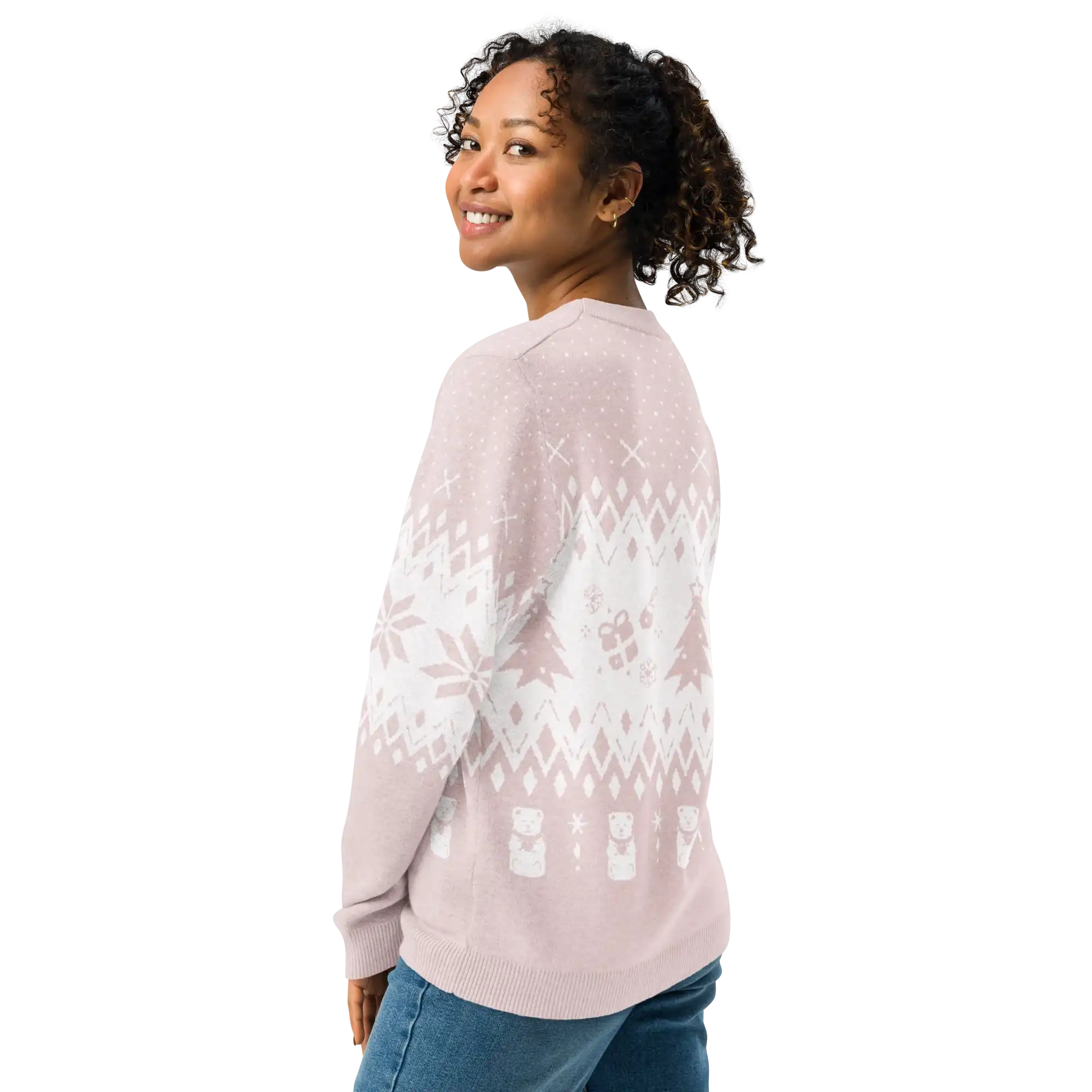 AEMBR classic fit knitted crew neck sweater with festive pink and white pattern, worn by woman