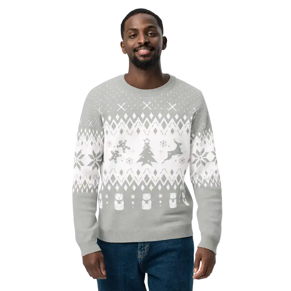 AEMBR classic fit knitted crew neck sweater with holiday designs, worn by a man in jeans