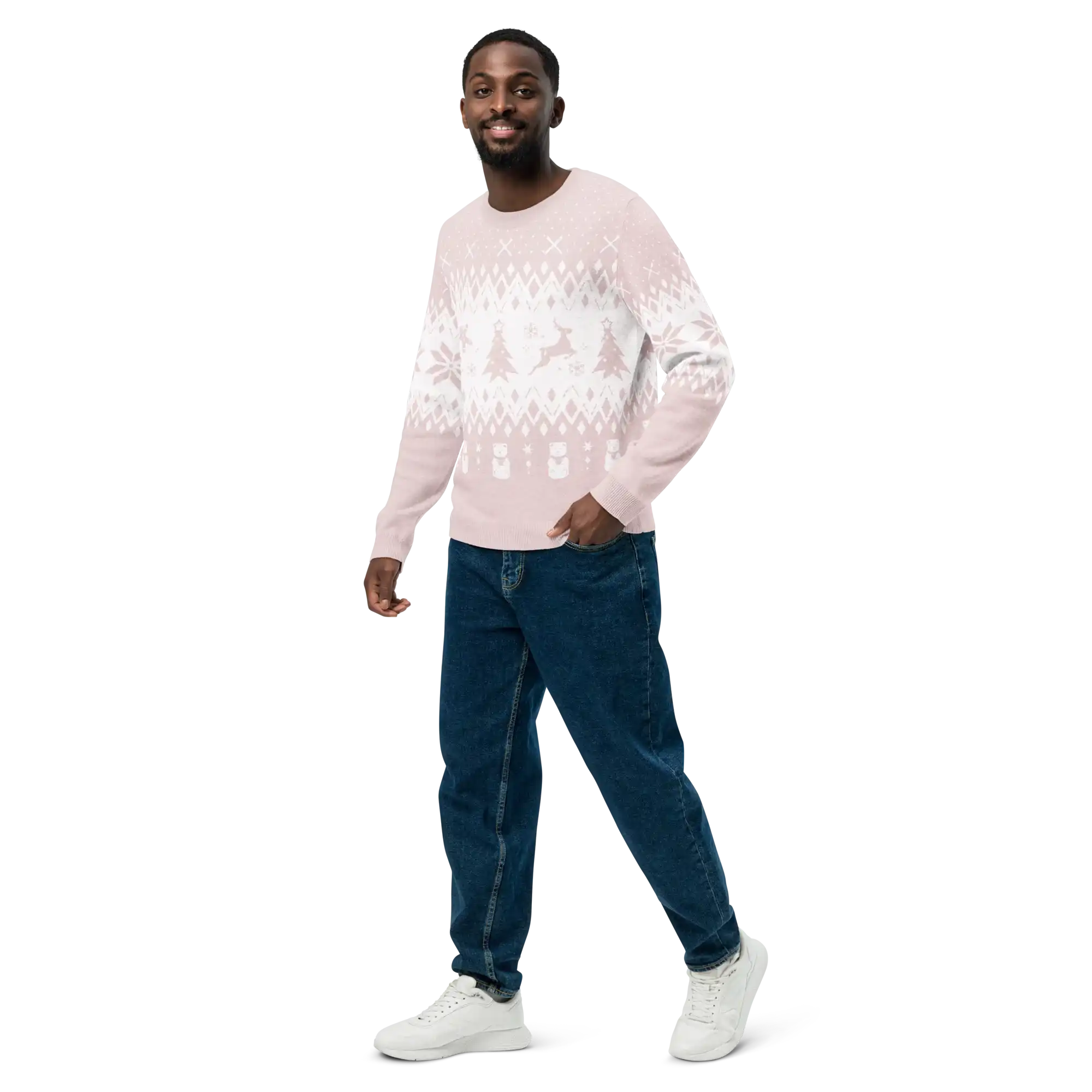 Man wearing AEMBR classic fit knitted crew neck sweater with festive pattern, blue jeans, and white sneakers