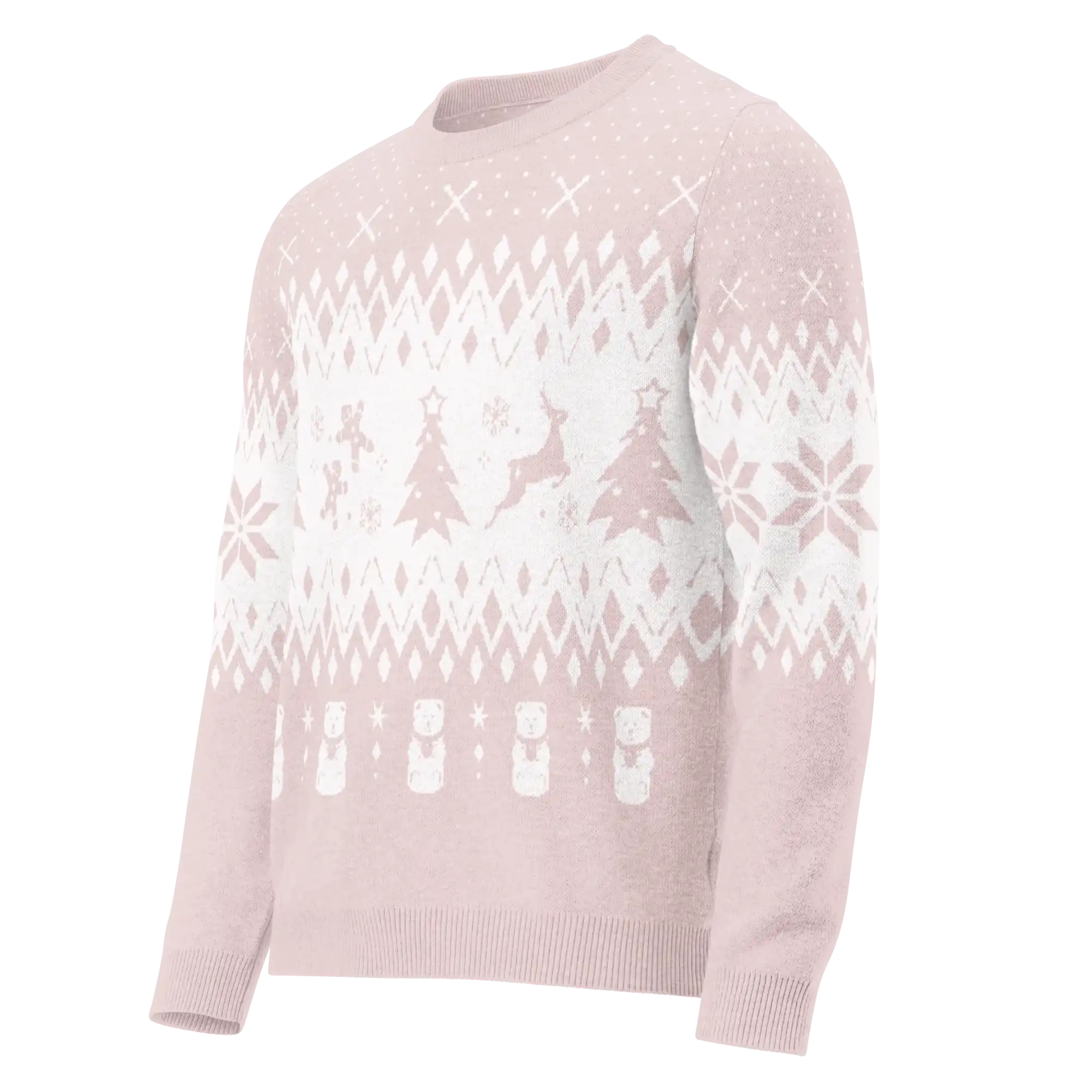 AEMBR classic fit pink knitted crew neck sweater with white holiday pattern, front view