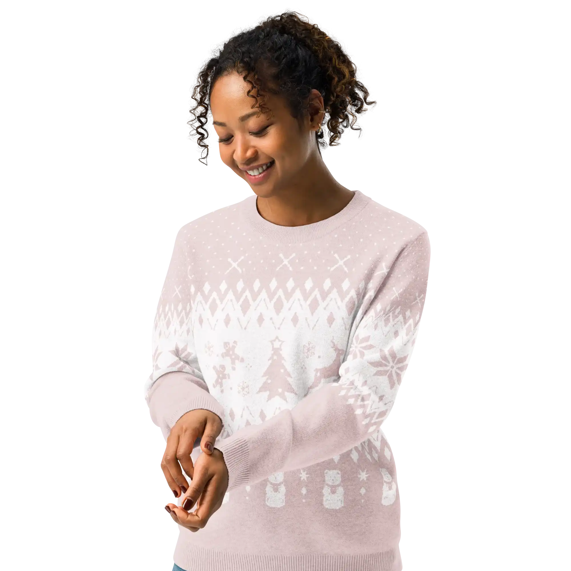 AEMBR classic fit knitted crew neck sweater with winter holiday pattern, worn by a woman