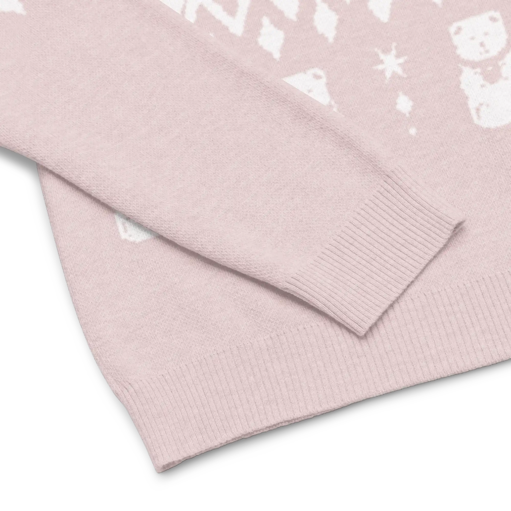 AEMBR pale pink classic-fit knitted crew neck sweater with subtle winter pattern close-up